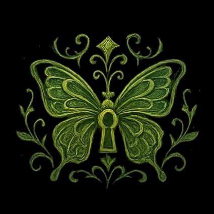 The Secret Garden emblem: a green butterfly with a keyhole in its body, framed by botanical scrollwork.