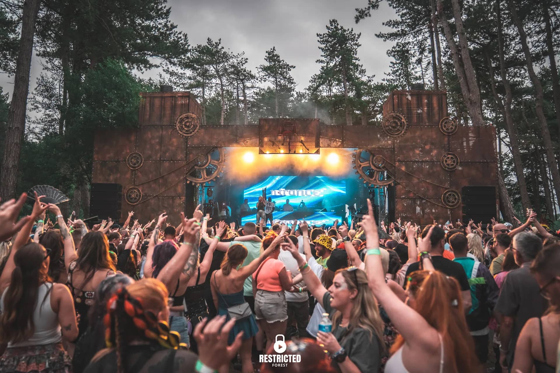 Main stage in daylight, dense crowd with arms raised, screens either side of the timber stage build.