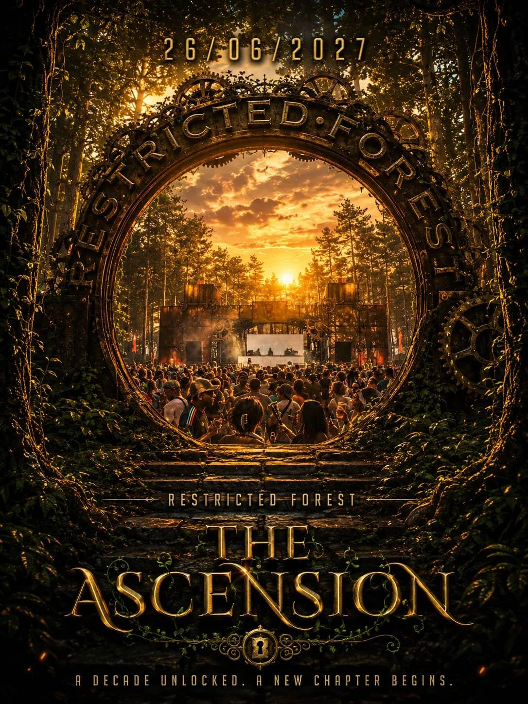Restricted Forest 2027 artwork: The Ascension, 26 June 2027, a cog-toothed forest gateway opening onto the main stage at sunset
