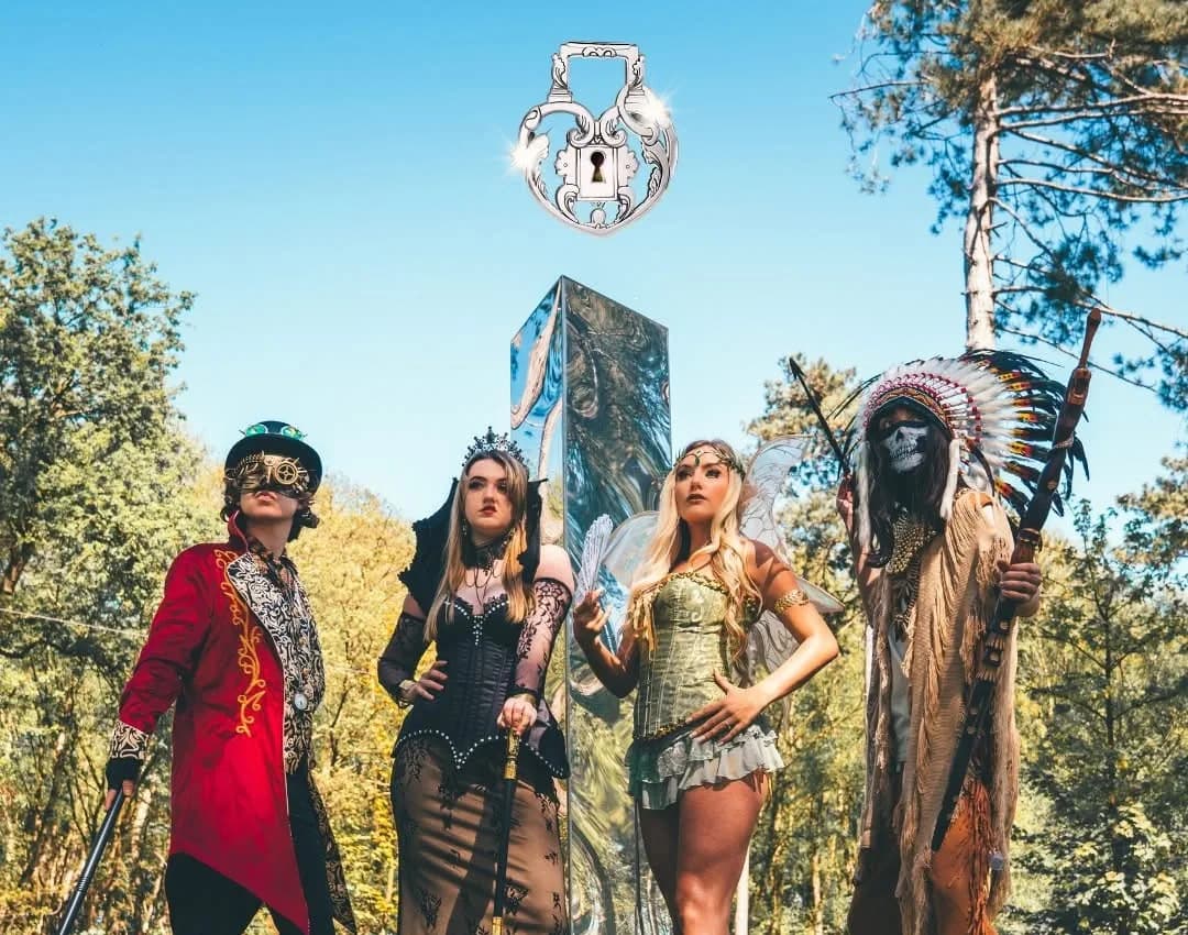 The four realm masters standing either side of the mirrored monolith in the woods, the festival's padlock emblem above them.