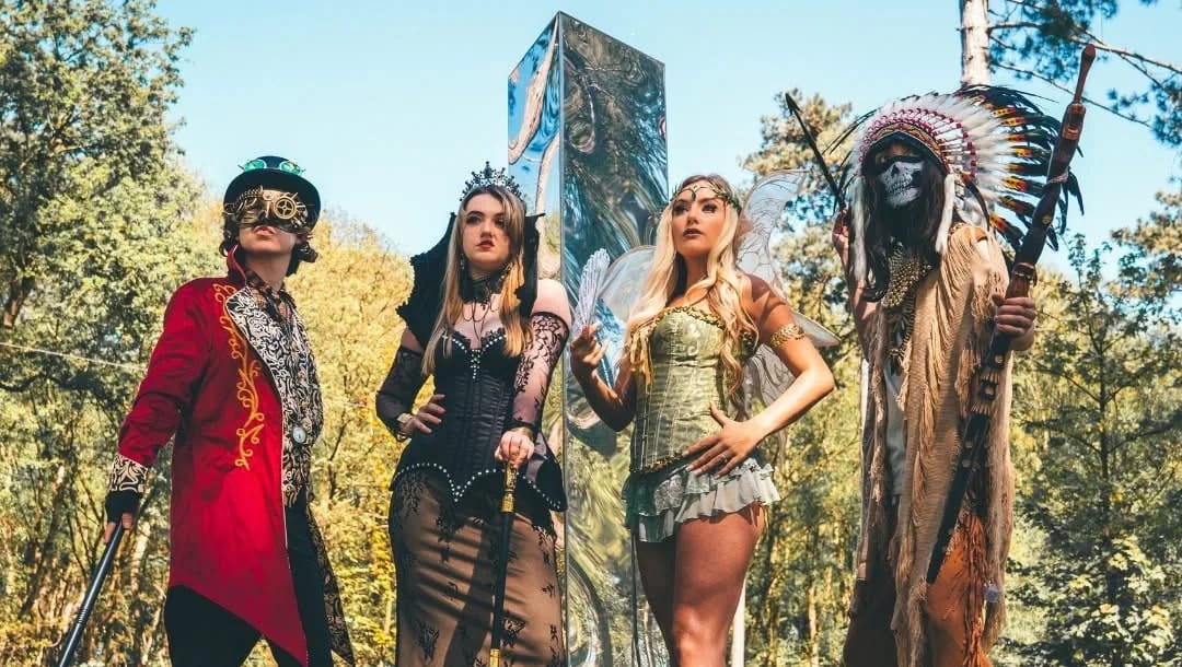 The four realm guardians standing at the mirrored monolith in the woods