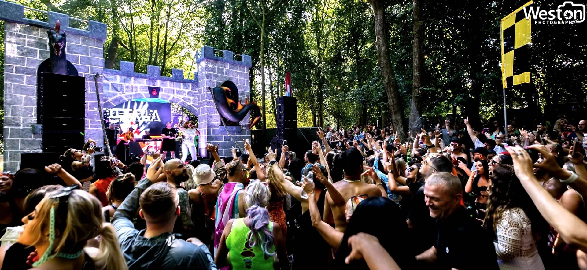 The stone castle stage with the crowd's hands raised in front of it, a chequered flag above.