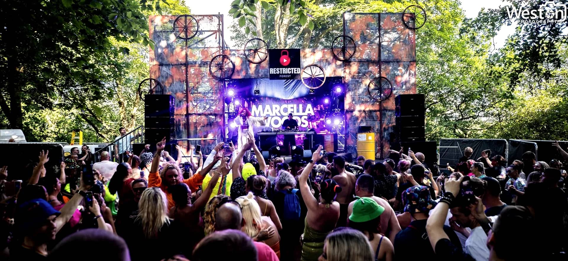 The cog stage with a performer's name on the screen and the crowd packed in front under the trees.