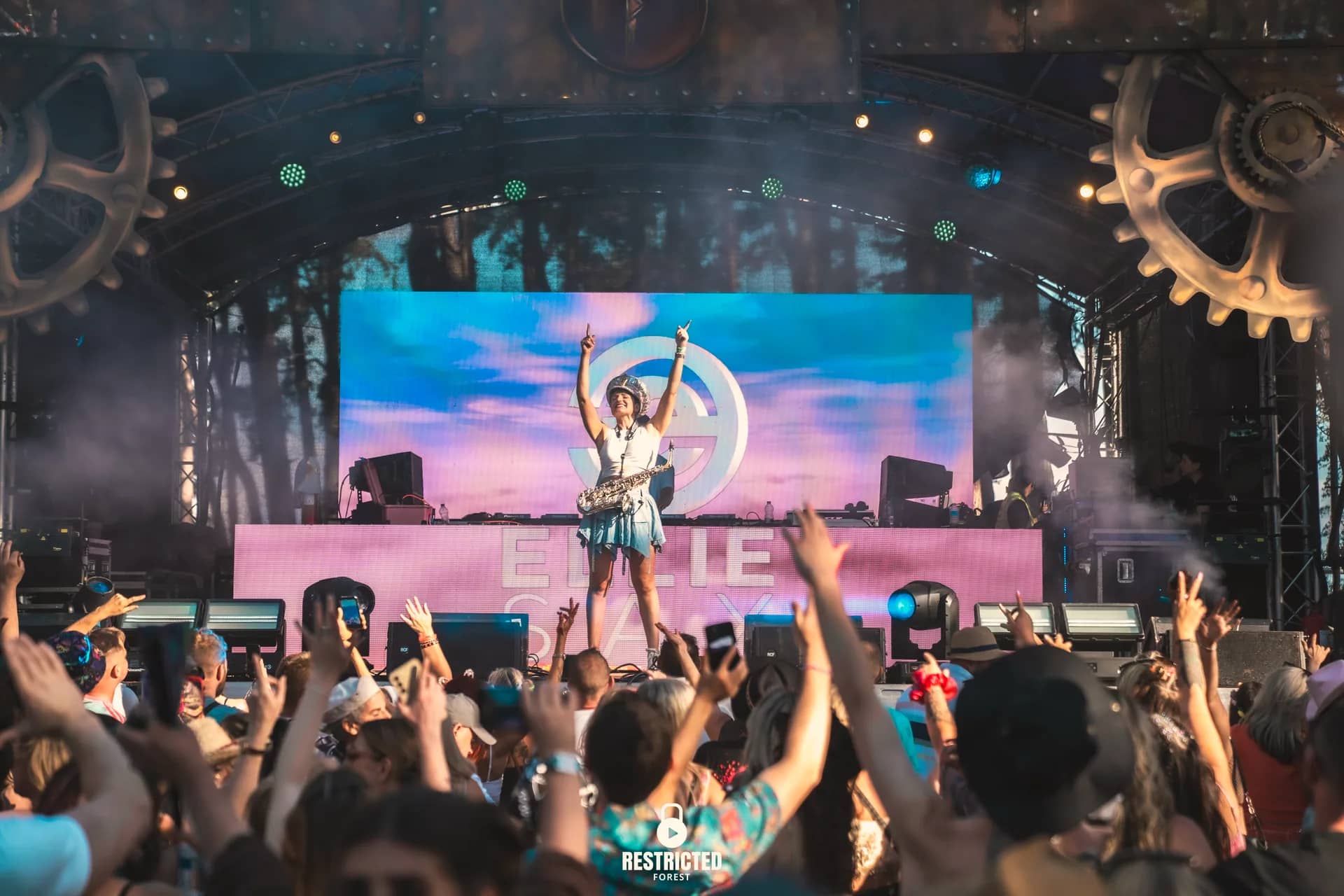 A performer arms up in front of the Factory stage's screen, cog wheels either side of the arch, hands raised below. Source frame RestrictedForest2026-1549.