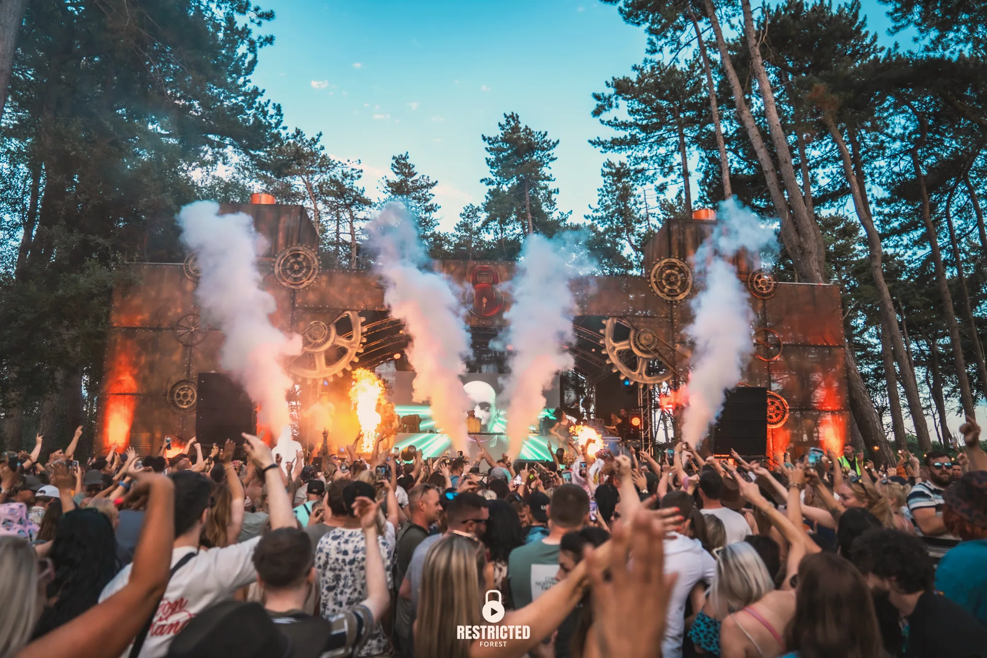 Smoke and pyro drifting over a daylight crowd with the pines behind